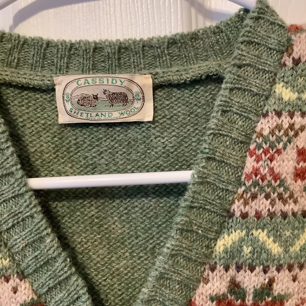 Cassidy Shetland Wool Fair Isle Sweater Vest Green Nordic Cottagecore V Neck - Picture 3 of 7